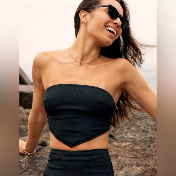 aerie Other - Aerie Black Ribbed Bandana Bandeau Bikini Top With Optional Straps Size Large